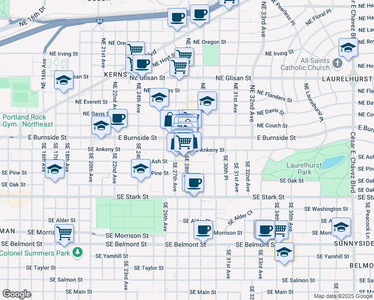 map of restaurants, bars, coffee shops, grocery stores, and more near SE 28th Ave & SE Ankeny St in Portland