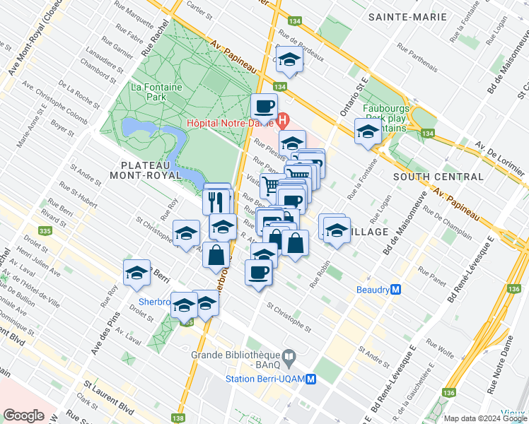 map of restaurants, bars, coffee shops, grocery stores, and more near 2132 Rue Beaudry in Montréal