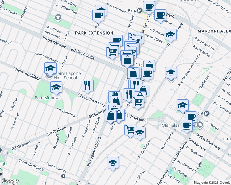 map of restaurants, bars, coffee shops, grocery stores, and more near 119 Boulevard Graham in Mont-Royal