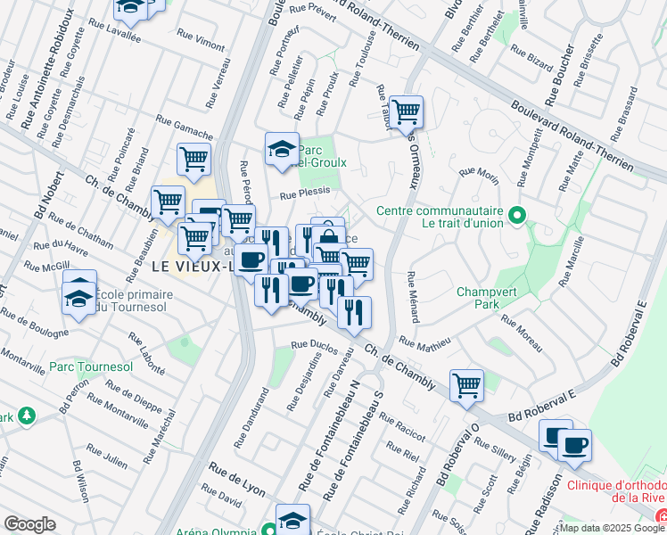map of restaurants, bars, coffee shops, grocery stores, and more near 2877 Chemin de Chambly in Longueuil