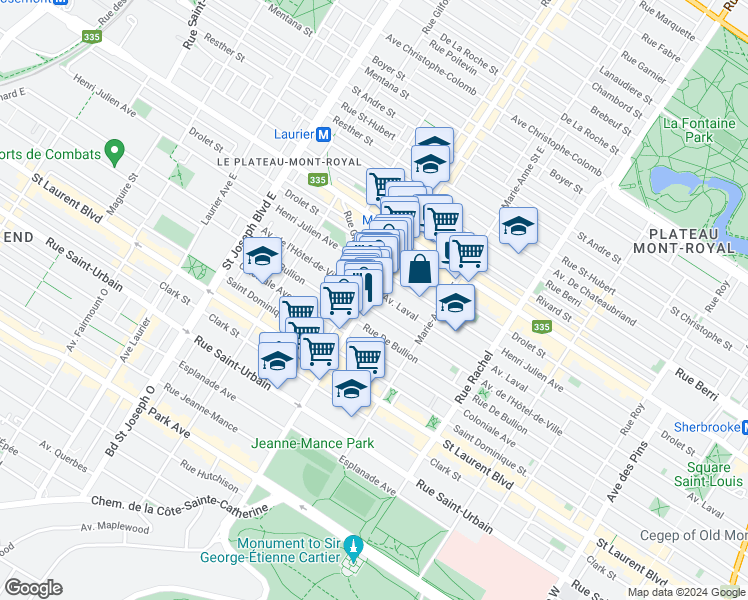 map of restaurants, bars, coffee shops, grocery stores, and more near 218 Avenue du Mont-Royal Est in Montréal