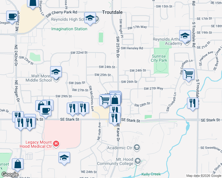 map of restaurants, bars, coffee shops, grocery stores, and more near 2722 Southwest Indian John Place in Troutdale