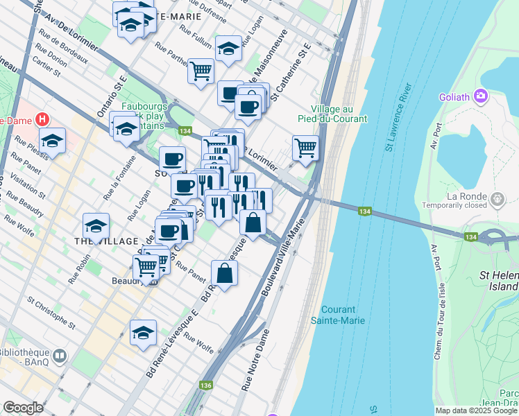 map of restaurants, bars, coffee shops, grocery stores, and more near 1869 Boulevard René-Lévesque Est in Montreal