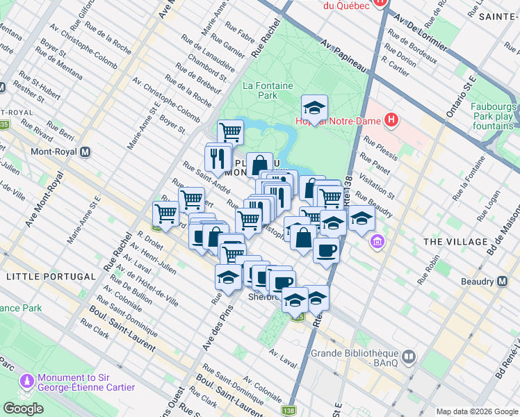 map of restaurants, bars, coffee shops, grocery stores, and more near 3855 Rue Saint-André in Montréal