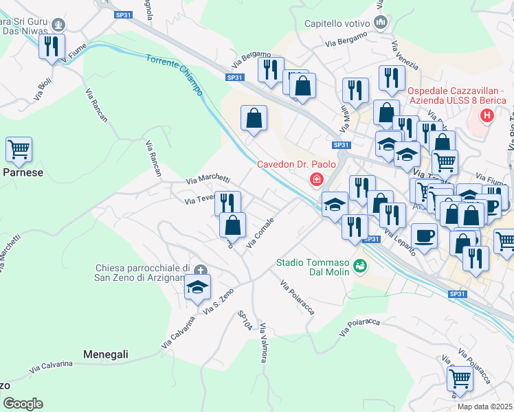 map of restaurants, bars, coffee shops, grocery stores, and more near 19 Via Isarco in Arzignano
