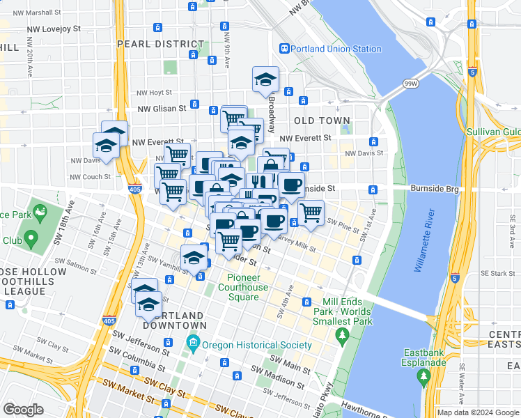 map of restaurants, bars, coffee shops, grocery stores, and more near 225 Southwest Broadway in Portland