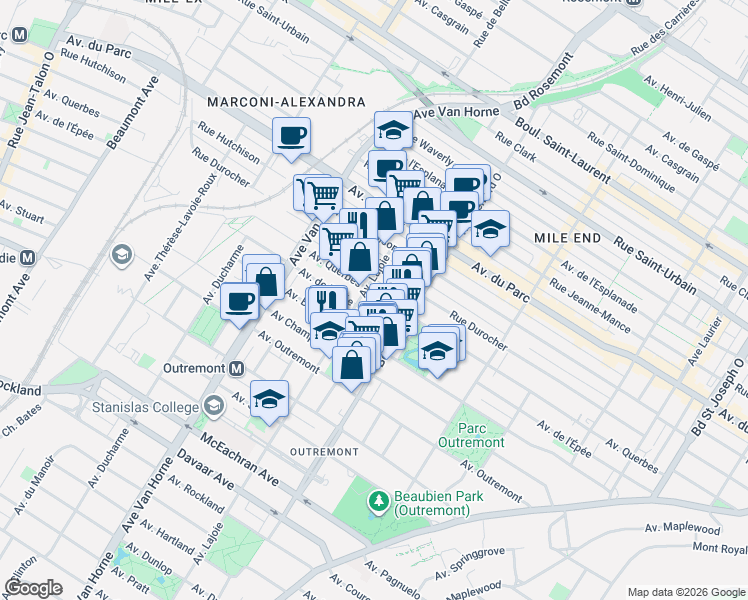 map of restaurants, bars, coffee shops, grocery stores, and more near 680 Avenue Querbes in Montréal