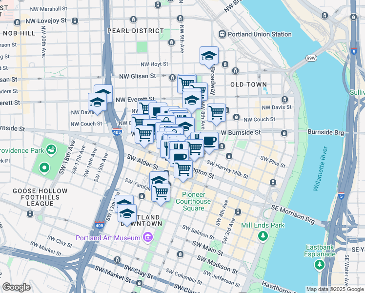 map of restaurants, bars, coffee shops, grocery stores, and more near 915 Southwest Harvey Milk Street in Portland