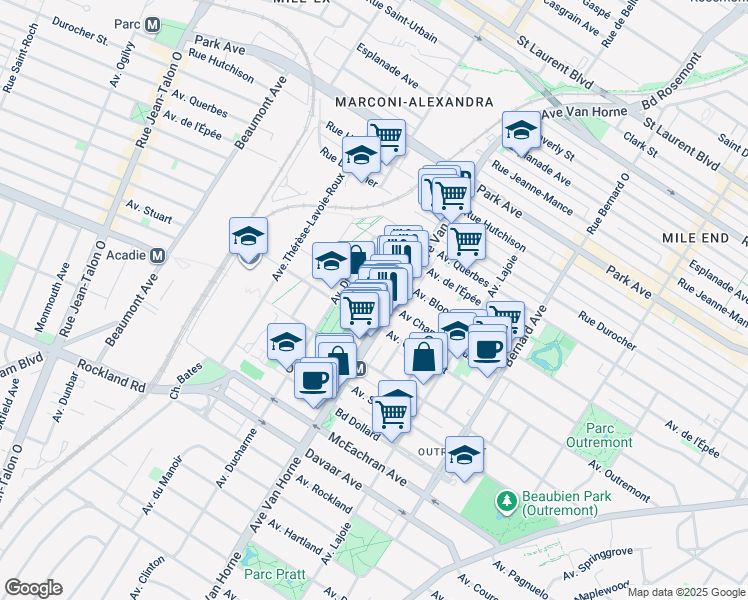 map of restaurants, bars, coffee shops, grocery stores, and more near 830 Avenue Champagneur in Montréal