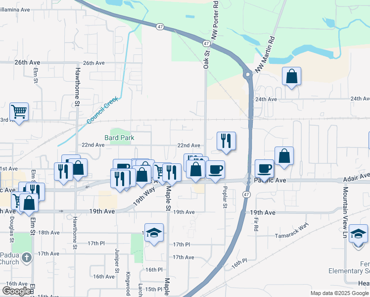 map of restaurants, bars, coffee shops, grocery stores, and more near 3234 22nd Avenue in Forest Grove