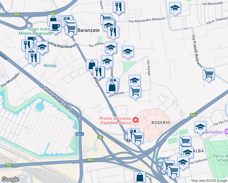 map of restaurants, bars, coffee shops, grocery stores, and more near 65 Via 1 Maggio in Baranzate