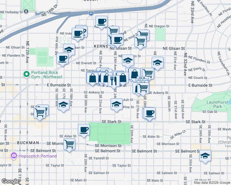 map of restaurants, bars, coffee shops, grocery stores, and more near SE Ankeny St & SE 24th Ave in Portland