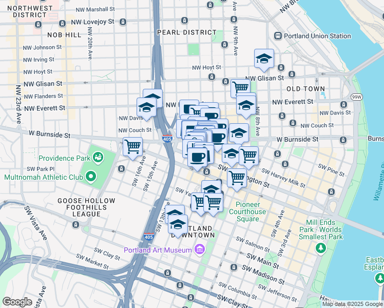 map of restaurants, bars, coffee shops, grocery stores, and more near 1223 Southwest Washington Street in Portland