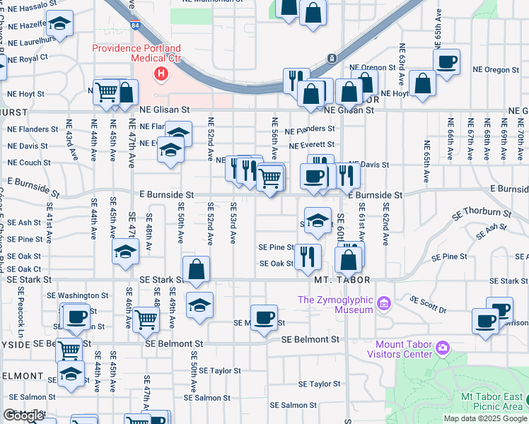 map of restaurants, bars, coffee shops, grocery stores, and more near 5522 Southeast Ankeny Street in Portland