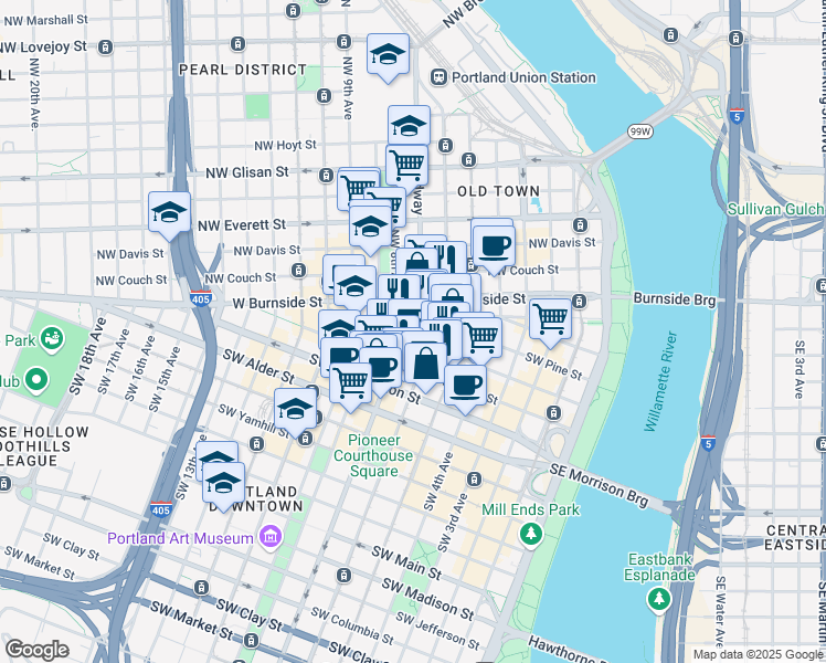 map of restaurants, bars, coffee shops, grocery stores, and more near in Portland