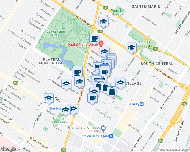map of restaurants, bars, coffee shops, grocery stores, and more near 2132 Rue Beaudry in Montréal