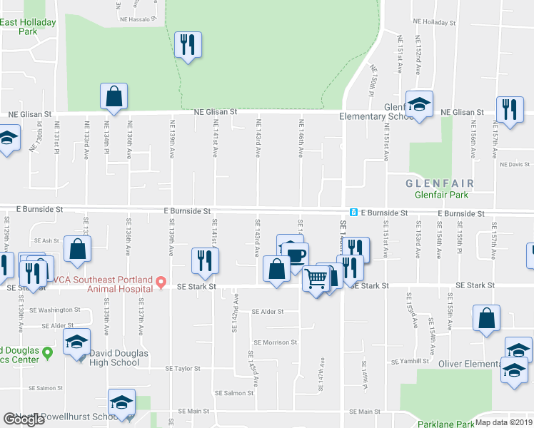 map of restaurants, bars, coffee shops, grocery stores, and more near 14332 East Burnside Street in Portland