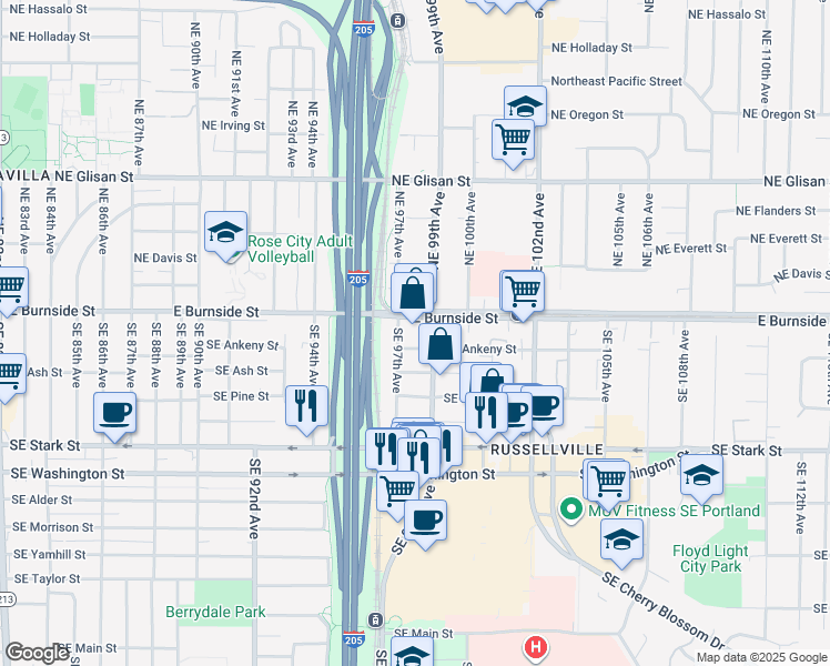 map of restaurants, bars, coffee shops, grocery stores, and more near 38 Southeast 97th Avenue in Portland