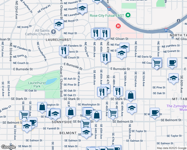 map of restaurants, bars, coffee shops, grocery stores, and more near 115 Southeast 44th Avenue in Portland