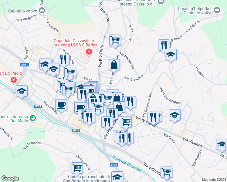 map of restaurants, bars, coffee shops, grocery stores, and more near 16 Via Gianfranco Volpato in Arzignano