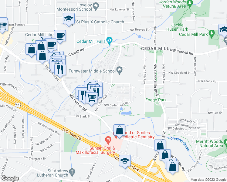 map of restaurants, bars, coffee shops, grocery stores, and more near 11725 Northwest Timberview Lane in Portland