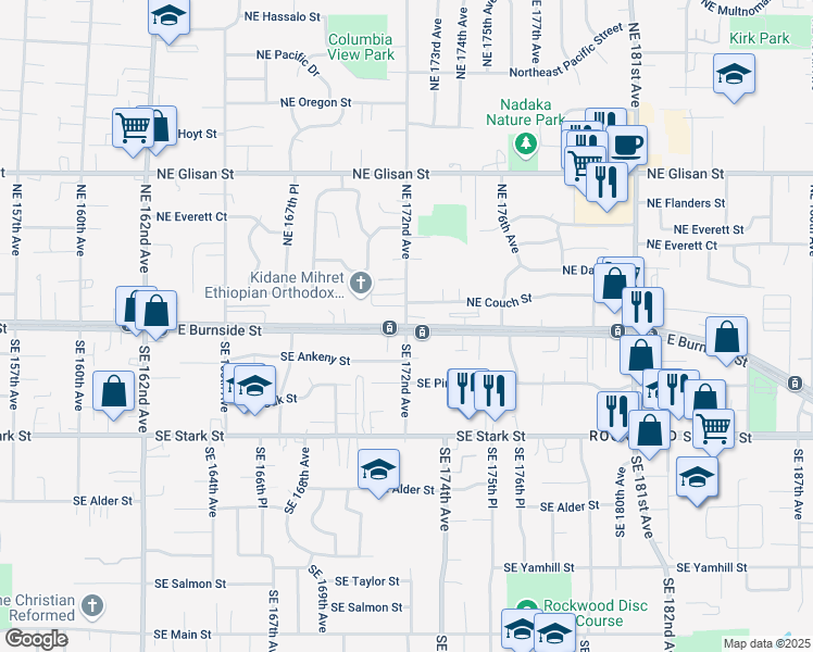 map of restaurants, bars, coffee shops, grocery stores, and more near E Burnside St & NE 172nd Ave in Gresham