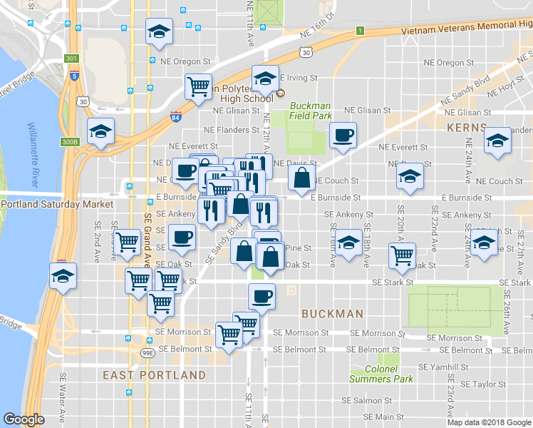 map of restaurants, bars, coffee shops, grocery stores, and more near 100 Southeast 12th Avenue in Portland