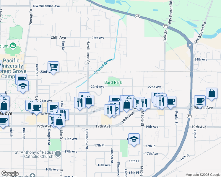 map of restaurants, bars, coffee shops, grocery stores, and more near 2828 22nd Avenue in Forest Grove