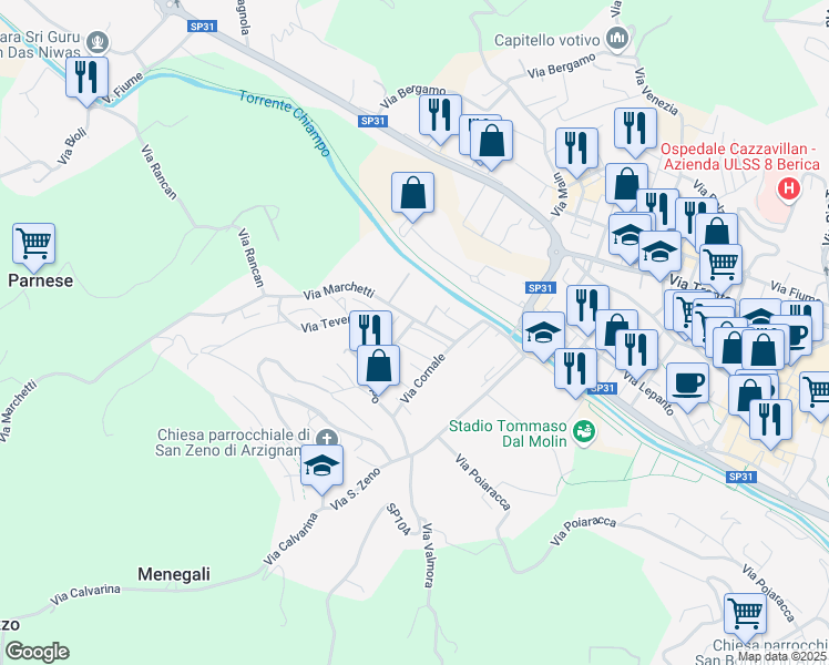 map of restaurants, bars, coffee shops, grocery stores, and more near 19 Via Isarco in Arzignano