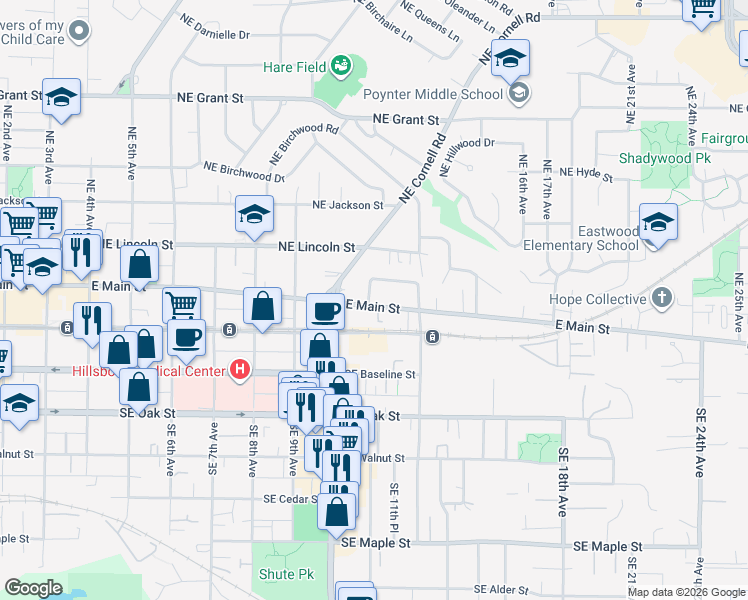 map of restaurants, bars, coffee shops, grocery stores, and more near 1081 East Main Street in Hillsboro