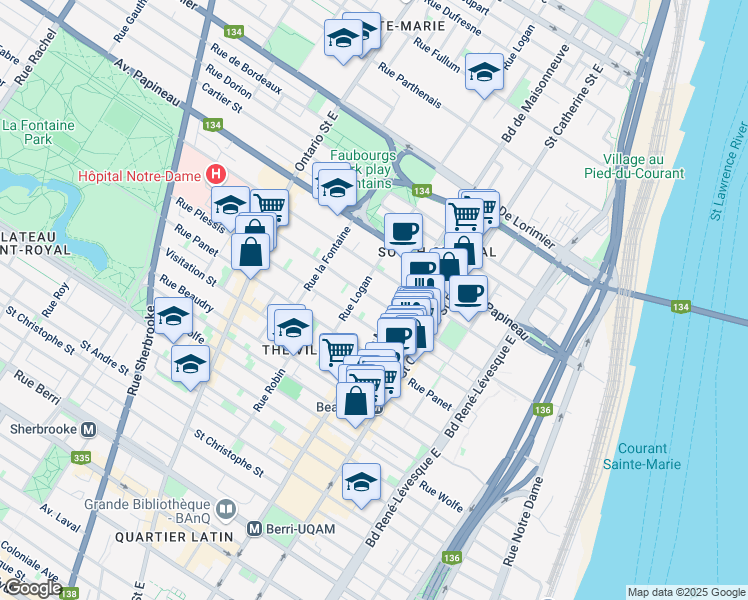 map of restaurants, bars, coffee shops, grocery stores, and more near 1600 Alexandre de Sève Street in Montreal