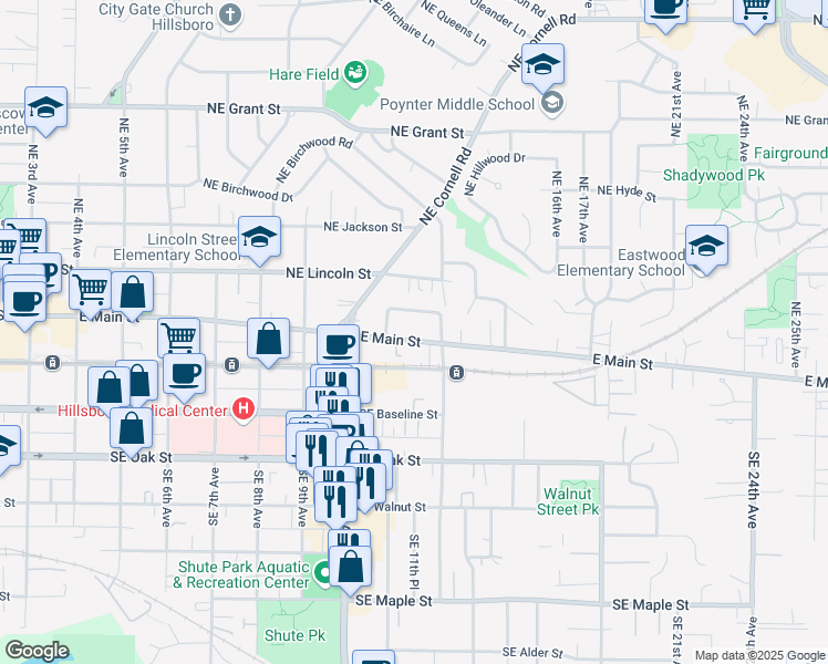 map of restaurants, bars, coffee shops, grocery stores, and more near 1123 East Main Street in Hillsboro
