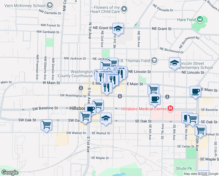 map of restaurants, bars, coffee shops, grocery stores, and more near 250 East Main Street in Hillsboro