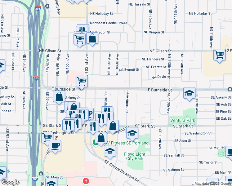 map of restaurants, bars, coffee shops, grocery stores, and more near 10548 East Burnside Street in Portland