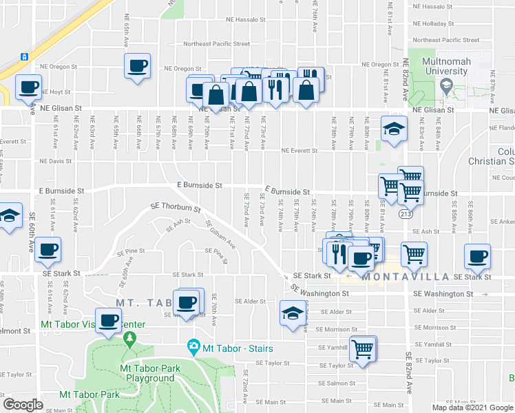 map of restaurants, bars, coffee shops, grocery stores, and more near 75 Southeast 72nd Avenue in Portland