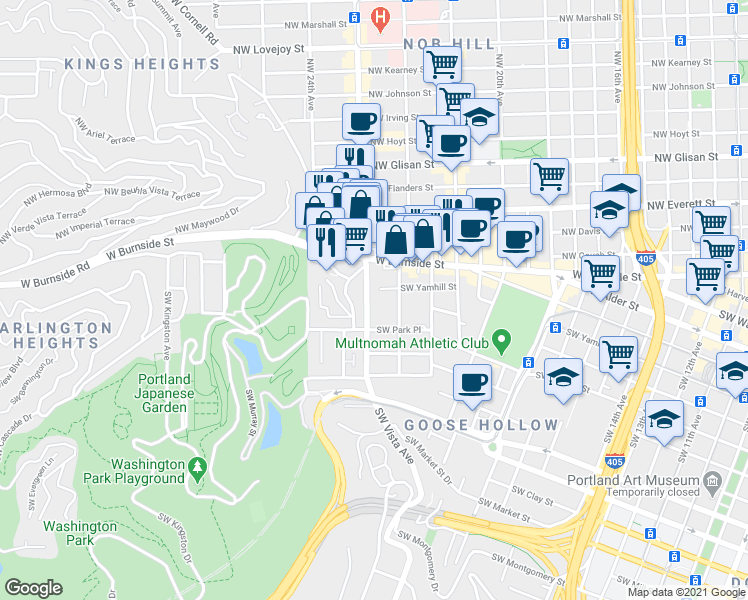 map of restaurants, bars, coffee shops, grocery stores, and more near 831 Southwest Vista Avenue in Portland