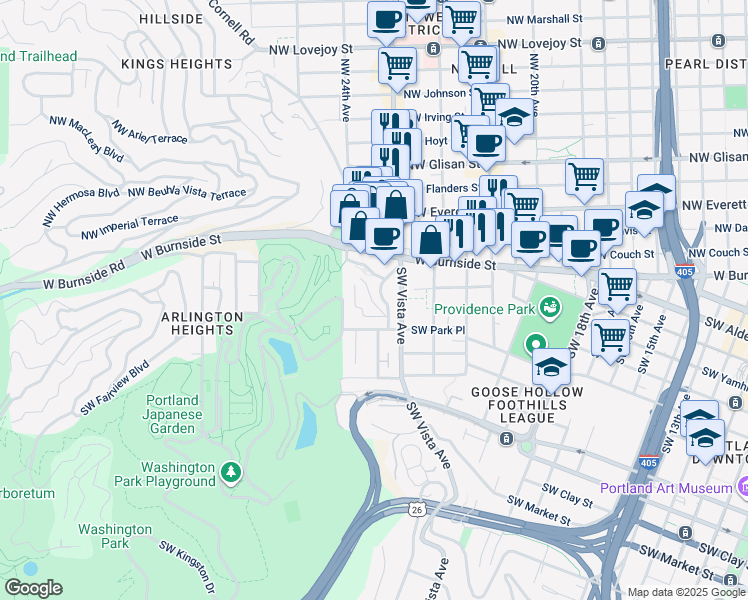 map of restaurants, bars, coffee shops, grocery stores, and more near 2363 Southwest Cedar Street in Portland