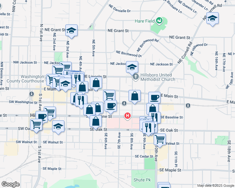 map of restaurants, bars, coffee shops, grocery stores, and more near in Hillsboro