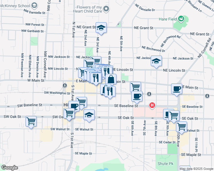 map of restaurants, bars, coffee shops, grocery stores, and more near in Hillsboro