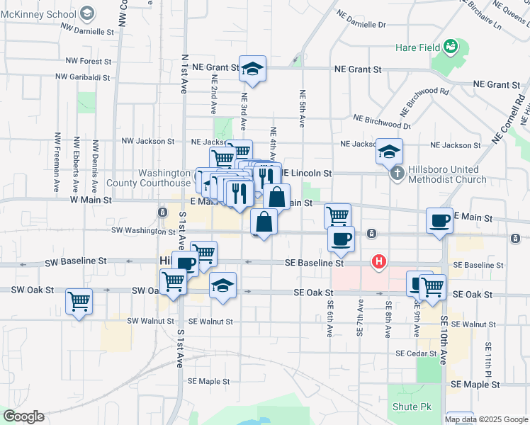 map of restaurants, bars, coffee shops, grocery stores, and more near in Hillsboro