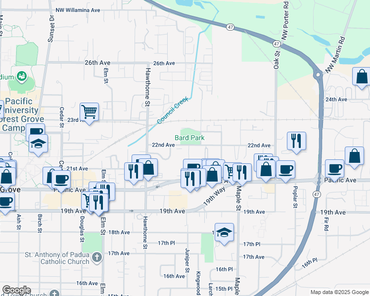 map of restaurants, bars, coffee shops, grocery stores, and more near 2828 22nd Avenue in Forest Grove