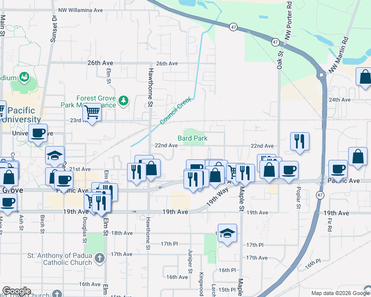 map of restaurants, bars, coffee shops, grocery stores, and more near 2828 22nd Avenue in Forest Grove