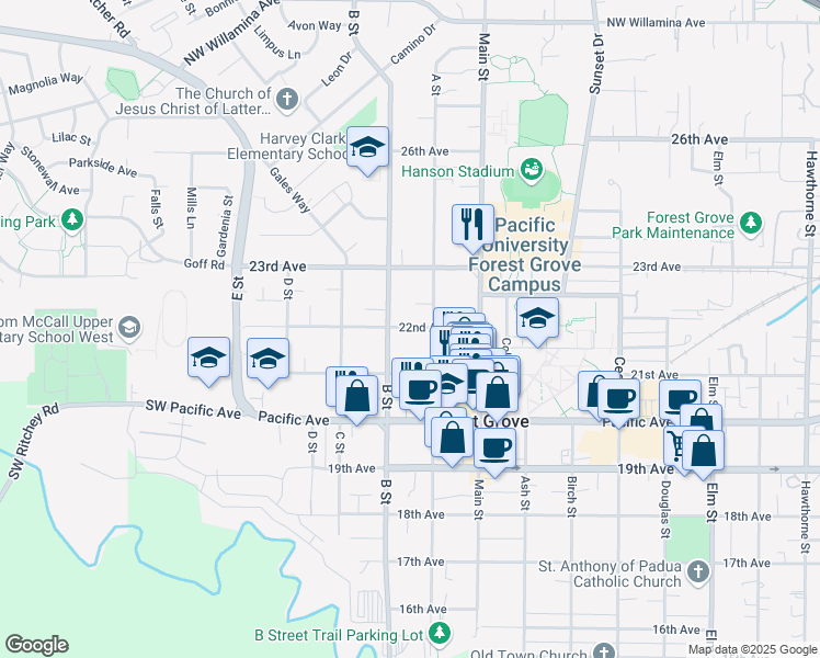 map of restaurants, bars, coffee shops, grocery stores, and more near 1806 22nd Avenue in Forest Grove