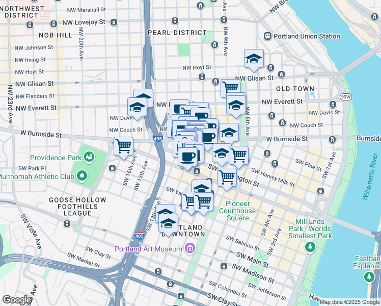 map of restaurants, bars, coffee shops, grocery stores, and more near 431 Southwest 12th Avenue in Portland