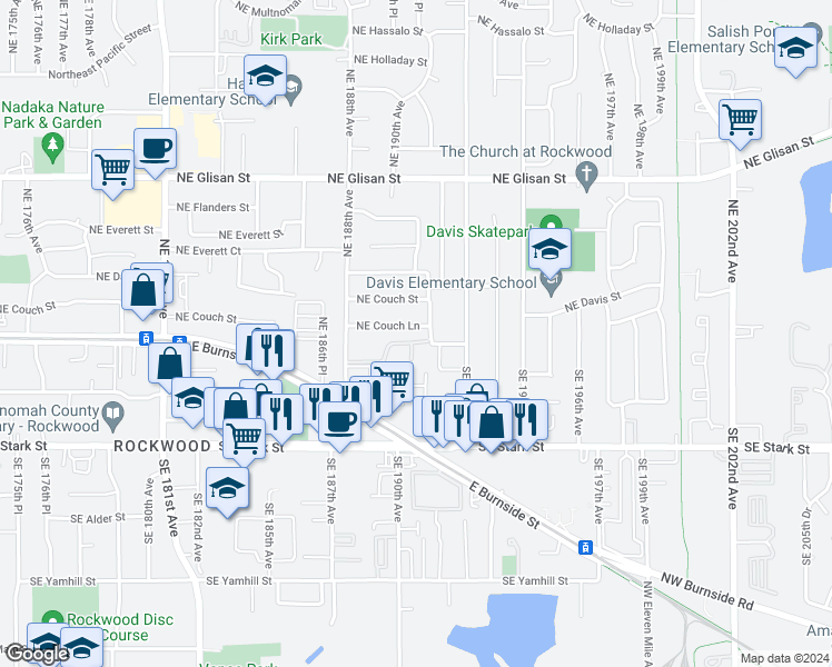 map of restaurants, bars, coffee shops, grocery stores, and more near 19012 Northeast Couch Lane in Portland