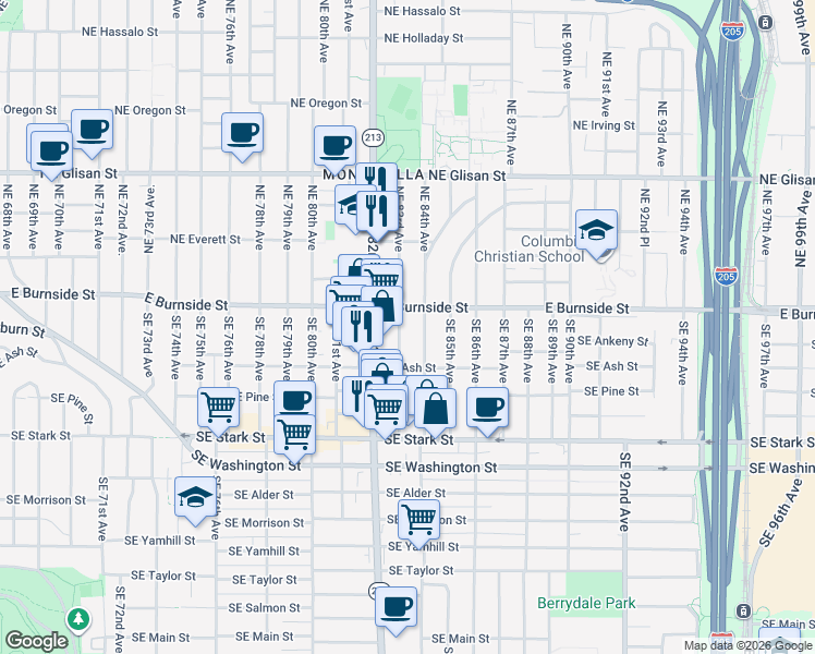 map of restaurants, bars, coffee shops, grocery stores, and more near 104 Southeast 84th Avenue in Portland