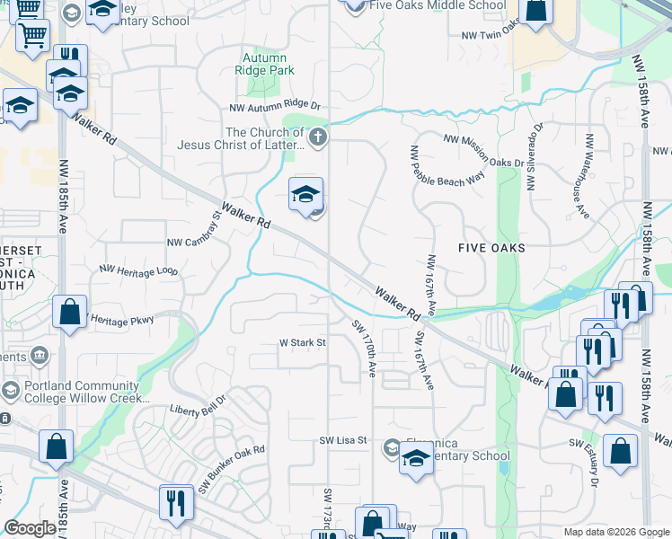 map of restaurants, bars, coffee shops, grocery stores, and more near 17260 Northwest Gables Creek Lane in Beaverton