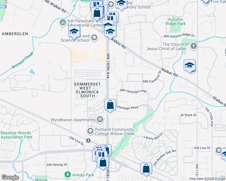 map of restaurants, bars, coffee shops, grocery stores, and more near 18457 Northwest Tara Street in Beaverton