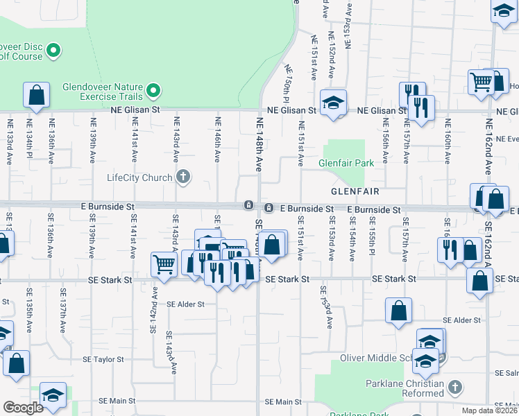 map of restaurants, bars, coffee shops, grocery stores, and more near E Burnside St & SE 148th Ave in Portland