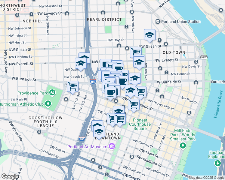 map of restaurants, bars, coffee shops, grocery stores, and more near 431 Southwest 12th Avenue in Portland